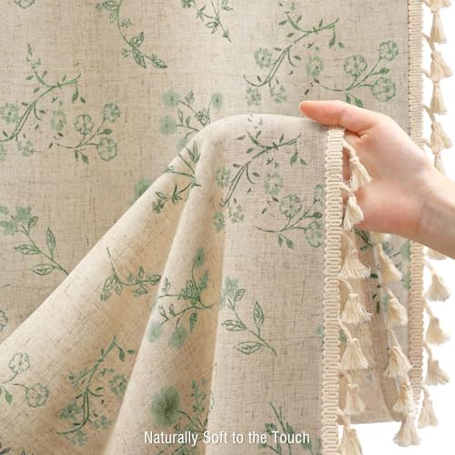 Green Floral Farmhouse Vintage Linen Shower Curtain with Tassel 72Wx72H