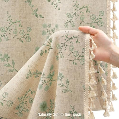 Green Floral Farmhouse Vintage Linen Shower Curtain with Tassel 72Wx72H