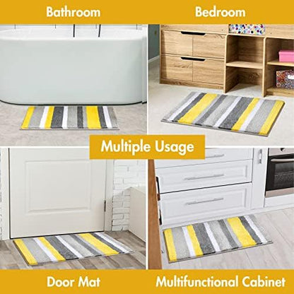 MIULEE Yellow Grey Bathroom Rug 16x24 Inch, Small Soft Thick Microfiber Striped Bath Mat, Non Slip Fluffy Plush Machine Washable Quick Dry for Bathroom Decor, Floor Tub and Shower