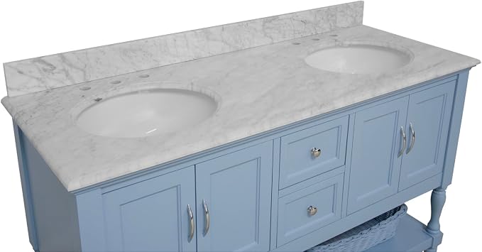Beverly 60-inch Double Bathroom Vanity (Carrara/Powder Blue): Includes Powder Blue Cabinet with Authentic Italian Carrara Marble Countertop and White Ceramic Sinks