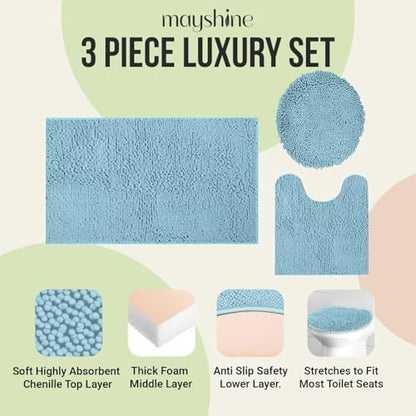 Standard 3pc Set Chenille Bath Mats, Includes 21"x24" U-Shaped Contour Toilet Rug, 21"x34" Inches Bathmat and 1 Toilet Lid Cover, Plush Absorbent Bath Mats Quick Dry, Spa Blue