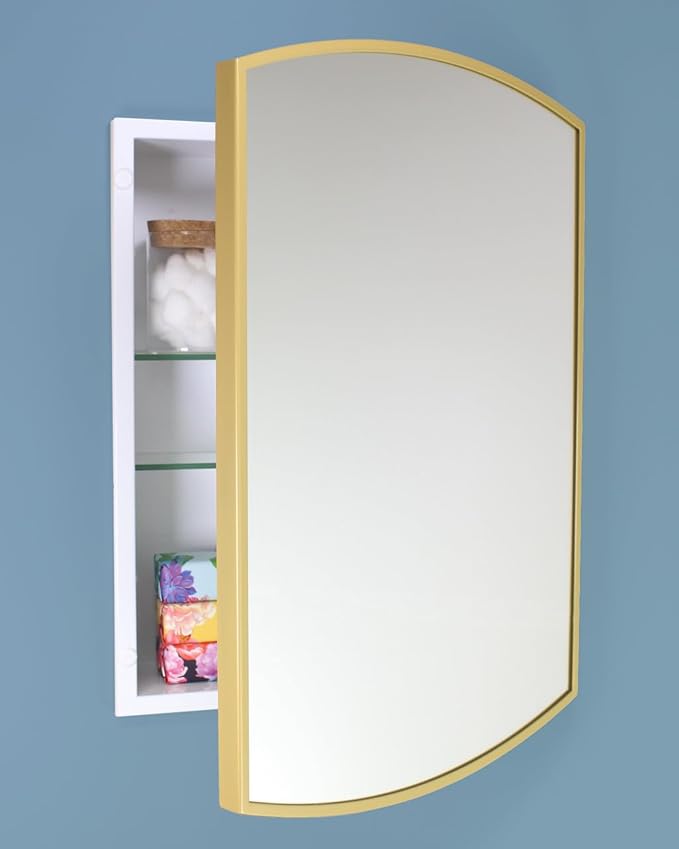 Fox Hollow Furnishings 16x20 Harper Crescent Metal Framed Rectangle Recessed Bathroom Medicine Cabinet, Arced Mirror, 14x18 in-Wall Opening, Adjustable Glass Shelves, Magnet Close, Gold