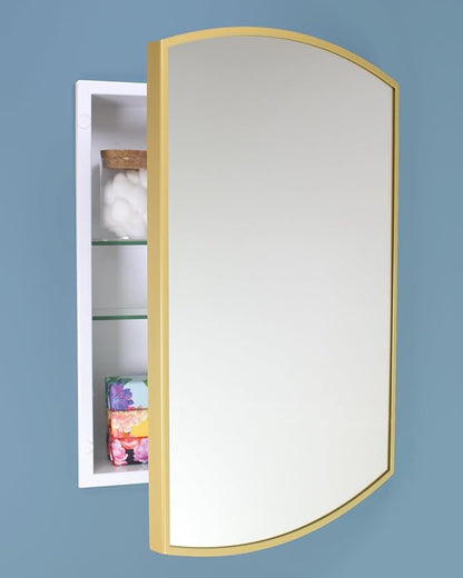 Fox Hollow Furnishings 16x20 Harper Crescent Metal Framed Rectangle Recessed Bathroom Medicine Cabinet, Arced Mirror, 14x18 in-Wall Opening, Adjustable Glass Shelves, Magnet Close, Gold