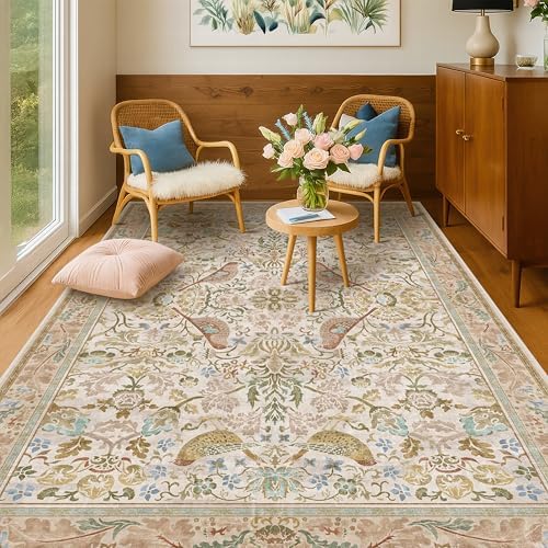 Washable Area Rugs 5x8 for Bedroom - Western Nature Rugs for Living Room, Dining Room,Playroom, Guest Room with Boho Beige Neutral Botanical & Bird Pattern, Non Slip Stain Resistant Low Pile