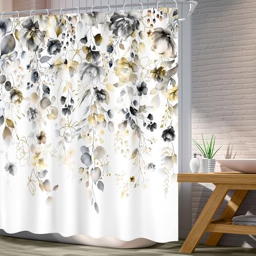 Yellow Grey Floral Gray Pastel Rustic Bathroom Shower Curtain Set