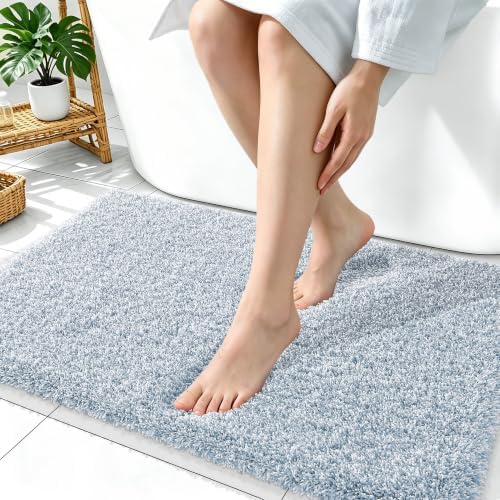 OLANLY Microfiber Bathroom Rugs 36x24, Quick Dry Mat, Airy Blue and White