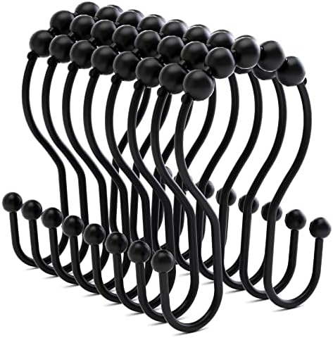 Bathway Shower Curtain Hooks Shower Curtain Rings Black Shower Curtain Hooks RustProof Smooth Metal Double Shower Curtain Hook, Shower Hooks for Shower Curtain Liner Bathroom Shower Rod Hook