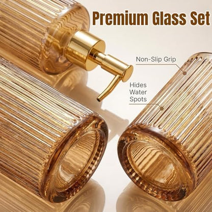 4 Pcs Brown Bathroom Accessories Set, Glass Bathroom Set, Soap Dispenser, Toothbrush Holder, Qtip Holders, Modern Bathroom Decor, Housewarming Gift Set （Amber Brown）