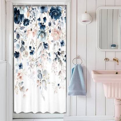 Small Stall Floral RV Blue Pink Bathroom Shower Curtain Set
