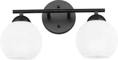 Emak Black Vanity Lights for Mirror, Modern Farmhouse 2-Light Bathroom Light Fixtures Globe Bathroom Vanity Light with Milk Glass Shade, VL114-BK-ML-2