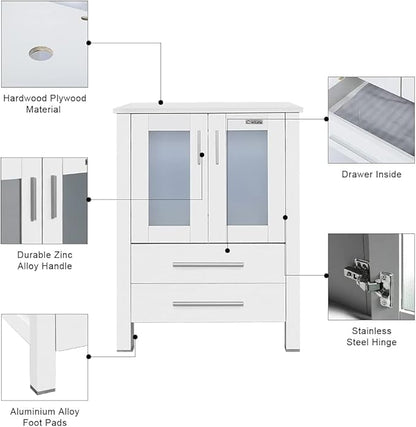 eclife 72" Modern Bathroom Vanity Sink Combo Freestanding Cabinet with Small Side Cabinet, White Square Ceramic Vessel Sink, Water Save Faucet, Drain (White+A07)