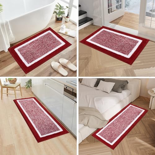 Pauwer Bathroom Rugs 3 Piece Set, Non Slip Washable Bath Mat, Red