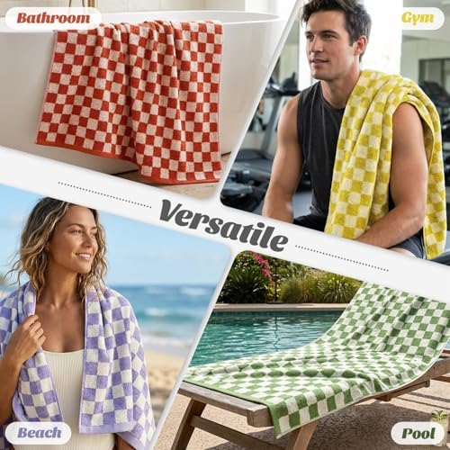 Checkered Bath Towels Set of 4 - Cotton Towels for Bathroom, Beach, Pool