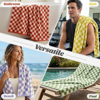Checkered Bath Towels Set of 4 - Cotton Towels for Bathroom, Beach, Pool