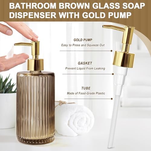 KASUNTING Brown Glass Bathroom Accessories 4 Pcs, Brown Bathroom Set, Soap Dispenser and Toothbrush Holder Set, Qtip Holder Set, Vintage Bathroom Sink Set, Modern Bathroom Decor
