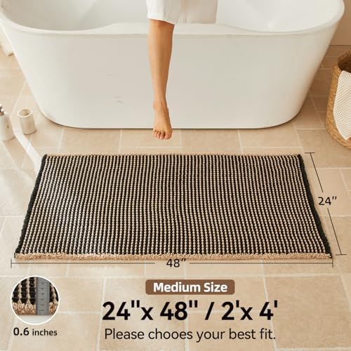 Triohero Waffle Bath Mat, Boho Bathroom Rugs Non Slip, 24x48 Black & Khaki