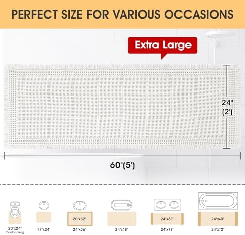 IM HOME Extra Large Waffle Bath Mat, Boho Bathroom Rugs Absorbent Non Slip, Ultra Soft Bathroom Mat, Machine Washable Knit Bath Rugs with Border for Bathroom, Bedroom, Kitchen, Tub, 5'x2', White