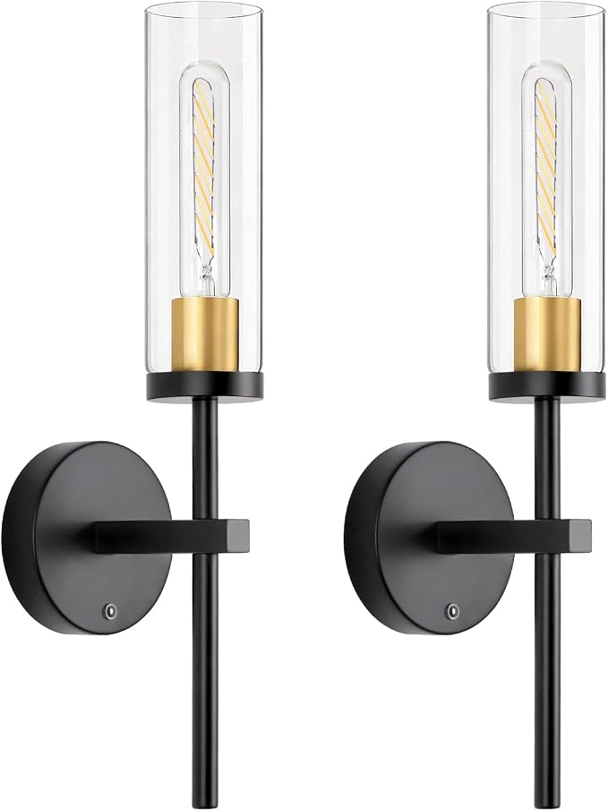 Shenmoyl Set of 2 Wall Sconces, 5200 mAh Battery Operated Wall Sconce with 3 Colors & Remote Control, Black Gold Rechargeable Wall Lamp with Clear Glass Shade for Bedroom, Bathroom, Stairwell, Hallway