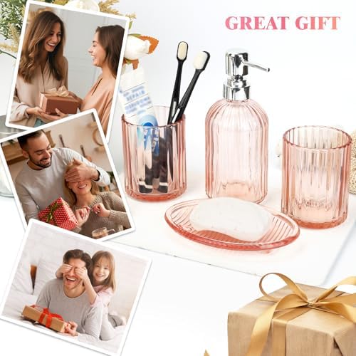 Glass Bathroom Accessories Set, 4Pcs Bathroom Accessories Sets Complete Lotion Soap Dispenser, Toothbrush Holder, Mouthwash Cup, Soap Dish for Bath Decor, Countertop Vanity Organizer (Pink)
