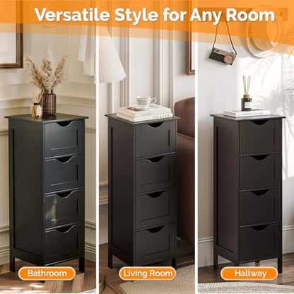 VINGLI Black Bathroom Storage Cabinet with 4 Drawers, Slim Freestanding Floor Cabinet for Small Spaces, Narrow Side Organizer Storage Unit for Restroom, Living Room & Kitchen, Farmhouse Style