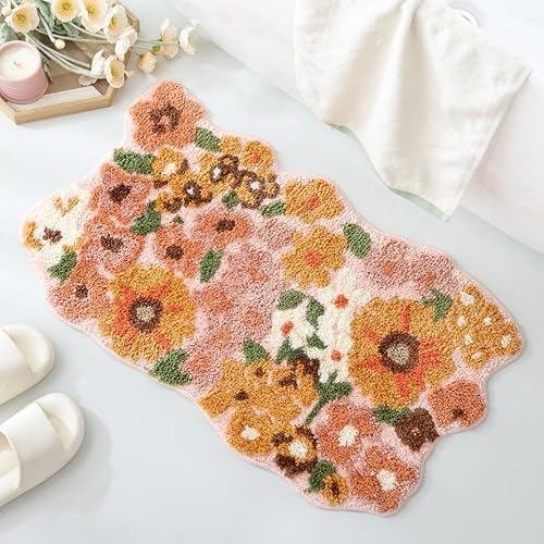 TRUEDAYS Floral Bath Mat, Cute Bath Mat for Bathroom, 32'' x 20'', Orange