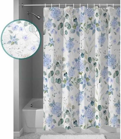 Shower Curtain Bathroom Set Summer Watercolor Blue Hydrangea Waterproof Fabric Shower Curtains with Grommets&Hooks Pastoral Eucalyptus Leaf Privacy Bath Curtain for Bathtub Decor 72x78IN