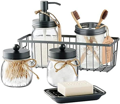 SheeChung Mason Jar Bathroom Accessories Set, 6Pcs Rustic Bathroom Set,Grey
