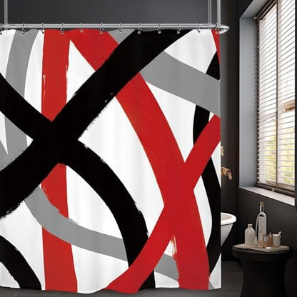 Black Red Gray Modern Shower Curtain 60Wx72L Inch Abstract Minimalist Contemporary Art Line Neutral Simple Bathroom Set Accessories Decor with 12 Pack Hooks