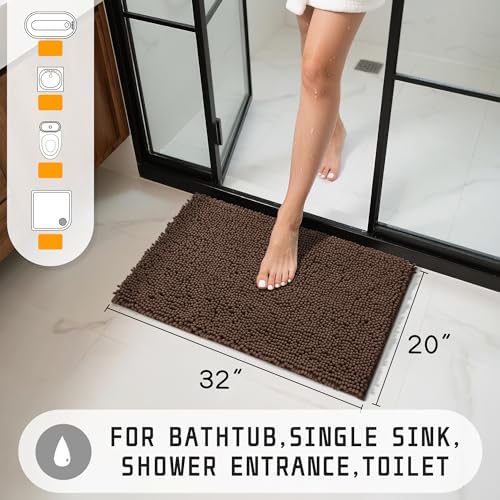 Yimobra Washable Bathroom Rugs, Super Soft & Absorbent Chenille Bath Mat for Floor & Carpet, Quick Dry Non Slip Bath Mat for Tub Shower, 32"x20",Brown