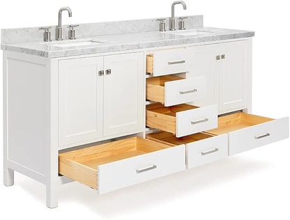 ARIEL Cambridge 72-inch Bathroom Vanity with Sink,Solid Wood, 1.5-inch Italian Carrara Marble Countertop, Double Rectangular Porcelain Sink, 4 Soft Closing Doors, 6 Dovetail Drawers, White