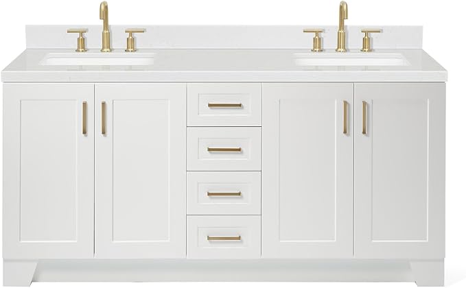 ARIEL Taylor 72-inch Bathroom Vanity with Sink,Solid Wood, 1.5-inch Carrara White Quartz Countertop & Backsplash, Double Rectangular Porcelain Sink, 4 Soft Closing Doors, 6 Dovetail Drawers, White