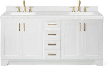 ARIEL Taylor 72-inch Bathroom Vanity with Sink,Solid Wood, 1.5-inch Carrara White Quartz Countertop & Backsplash, Double Rectangular Porcelain Sink, 4 Soft Closing Doors, 6 Dovetail Drawers, White