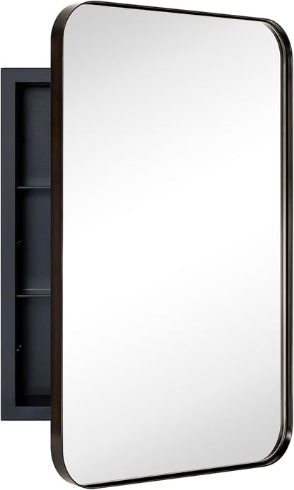 Oil Rubbed Bronze Rectangle Recessed Bathroom Medicine Cabinet with Mirror Stainless Steel Dark Bronze Metal Framed Rounded Rectangular Bathroom Cabinet with Mirror 16x24''
