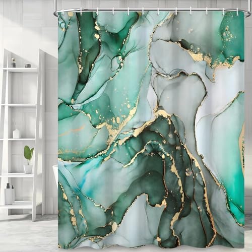 Green Marble Shower Curtain, Modern Abstract Luxury Green Gold Ink Texture Watercolor Art Bathroom Curtains Ombre Machine Washable Waterproof Fabric Bathtub Curtain Set with Hooks 36" Wx72 L