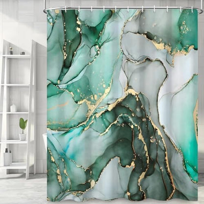 Green Marble Shower Curtain, Modern Abstract Luxury Green Gold Ink Texture Watercolor Art Bathroom Curtains Ombre Machine Washable Waterproof Fabric Bathtub Curtain Set with Hooks 36" Wx72 L