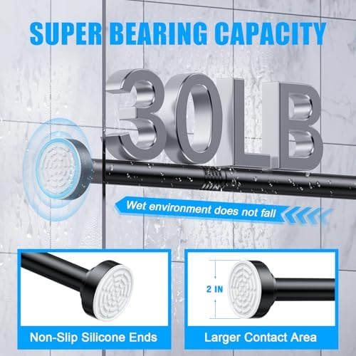 TEECK Shower Curtain Rod, 32-68 inch Adjustable Spring Tension Curtain Rod, Never Rust Anti-Slip Shower Curtain Rod for Bathroom, No Drilling, Never Collapse, Easy to Use, Black