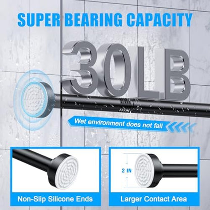 TEECK Shower Curtain Rod, 32-80 inch Adjustable Spring Tension Curtain Rod, Never Rust Anti-Slip Shower Curtain Rod for Bathroom, No Drilling, Never Collapse, Easy to Use, Black