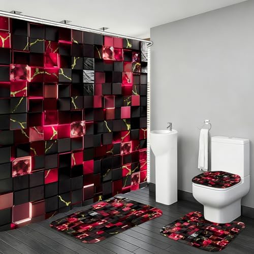 LQCOOL 4Pcs Black and Red Shower Curtain Set 3D Cubes Bathroom Sets Modern Shower Curtain Set for Bathroom Sets with Rugs and 12 Hooks