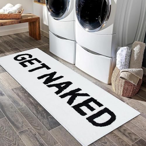 White Get Naked Bath Mat, Long Runner Mat for Bathroom, Cute Fun Simple Bath Rug, Water Absorbent Non-Slip Microfiber Mat, 18"x47"