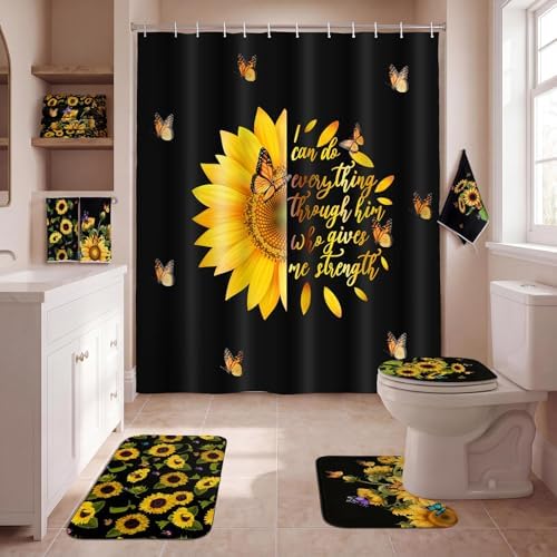 Honoson 8 Pcs Black Yellow Sunflower Shower Curtain Set, Rugs, Bath Mat