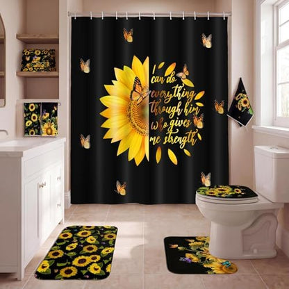 Honoson 8 Pcs Black Yellow Sunflower Shower Curtain Set, Rugs, Bath Mat