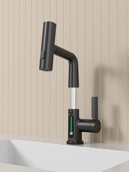 Bathroom Single Handle Basin Sink Pull Out Faucet with Rainfall Spray Head Temperature Digital Display Vanity Mixer Tap Matte Black
