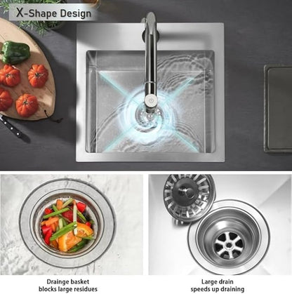 Drop-in Bar Sink 15"x15" Single Bowl: 3D Micro-pebble Embossed | 18-Gauge Stainless Steel Square Sink, 9" Deep, Top Mount, Anti-Condensation, for RV, Kitchenette