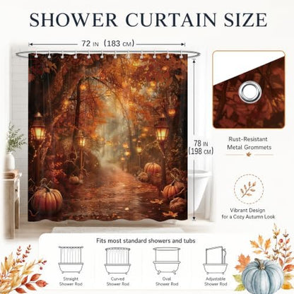 Fall Pumpkins Shower Curtain，Halloween Autumn Thanksgiving Harvest Forest Rural Trail Bathroom Decor，72 x 78 Inch Polyester Fabric Waterproof Bathroom Curtain with Hooks