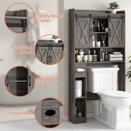 Vabches Over The Toilet Storage Cabinet with Sliding Doors, Dark Grey