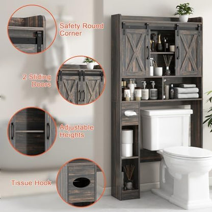 Vabches Over The Toilet Storage Cabinet with Sliding Doors, Dark Grey