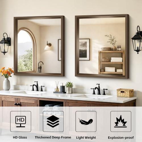 Bathroom Mirror, 30 x 36 inch Walnut Wood Grain Colored Aluminum Metal Frame Bathroom Vanity Mirror, Rectangle Wall Mirror for Bedroom Living Room, Tempered Glass, Horizontal or Vertical