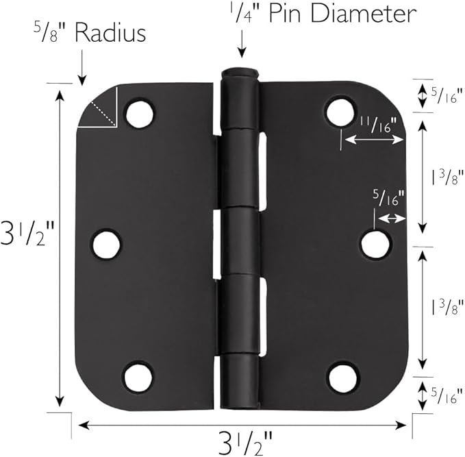 Design House 188912 5/8-inch Radius Steel Door Hinge Door Hardware Door Hinges for Interior Doors, 3-1/2-inch x 3-1/2-inch, Matte Black, 40-Pack