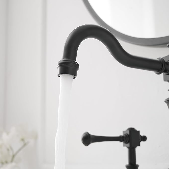 BWE Black Widespread Faucet for Bathroom Sink 3 Hole 8 Inch Widespread Bathroom Faucet with Pop-up Drain Assembly 2-Handle Vanity Faucet with Supply Lines Solid Brass Matte