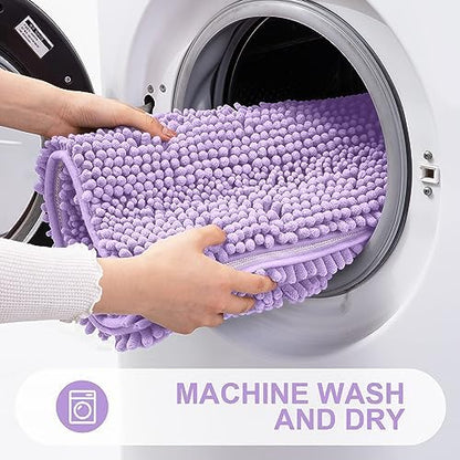 Grandaily Chenille Striped Bathroom Rugs 36x24, Extra Thick and Absorbent Bath Mats, Non-Slip Soft Plush Shaggy Shower Carpet, Machine Wash Dry, Bath Rug for Bathroom, (Large, Purple)